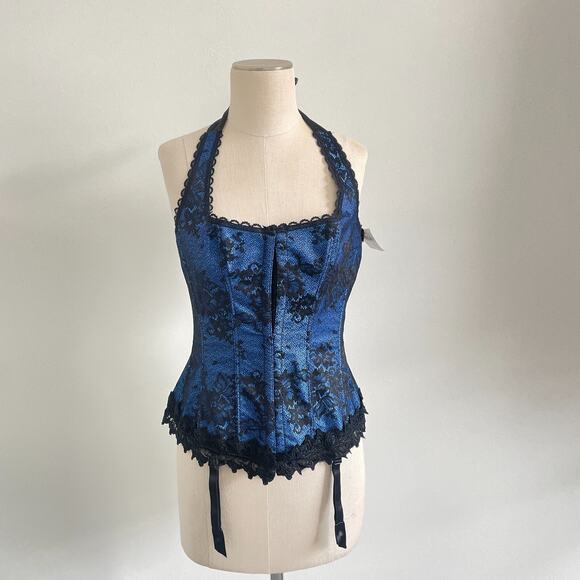 Fredericks of Hollywood Corset Halter Womens 36 12 Blue Floral Hook Eye Y2K - Picture 1 of 10